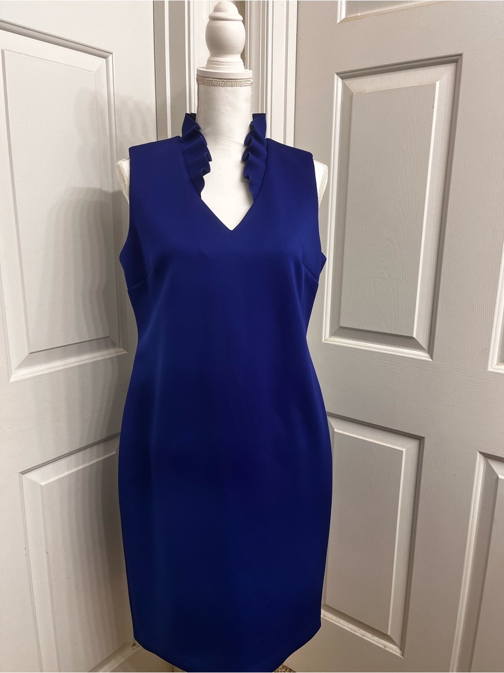 Calvin Klein Cobalt Blue Sleeveless V-Neck Midi Dress with Ruffle Trim